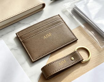 Custom card holder keychain set, Saffiano pattern, Large capacity card case, Multi card slots ID badge holder, Gift for her, Wedding gift