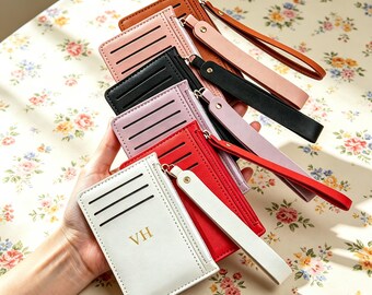 Custom Letter Zipper Leather Card Holder,Personalized Minimalist Card Case,Portable Leather Wallet,Custom Name Card Pouch,Gift For Her