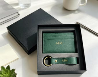 Custom Card Holder Keychain Set, Saffiano Vegan Leather, Large Capacity Card Case, Wedding Gift, Gift For Her, Bridesmaid Gift