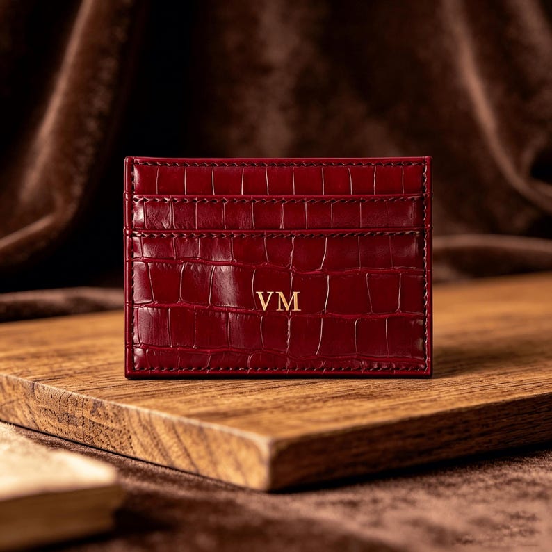 May include: A rectangular dark red card holder with a glossy crocodile skin texture. The front features two horizontal card slots and the gold-colored embossed letters VM centered in the middle of the lower section of the card holder.