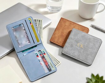 Custom slim wallet, Solid color horizontal bank card holder, ID organizer, Bifold short leather purse, Gift for her, Wedding gift