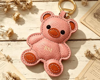 Custom Monogram Pink Leather Teddy Bear Keychain, Personalized Initial Bear Bag Charm, Cute Custom Name Keyring, Sweet Gift for Her