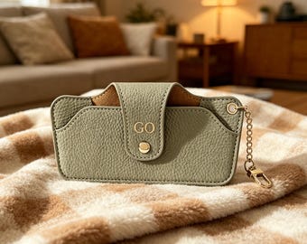 Custom Gold Foil Initial Glasses Case, Personalized Sage Green Pebbled Leather Sunglasses Pouch, Compact Eyeglass Holder,Unique Gift for Her