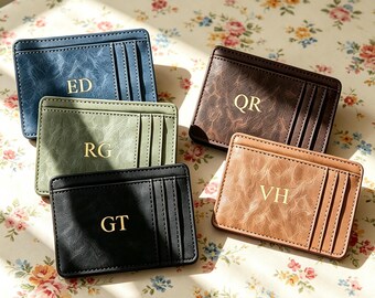 Custom Letter Snap Button Leather Card Holder, Personalized Monogram Card Sleeve, Minimalist Leather Card Wallet, Custom Name Card Case Gift