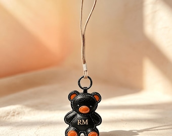 Custom Monogram Black Leather Bear Phone Charm, Personalized Initial Teddy Bear Lanyard, Custom Name Bag Pendant, Minimalist Gift for Him