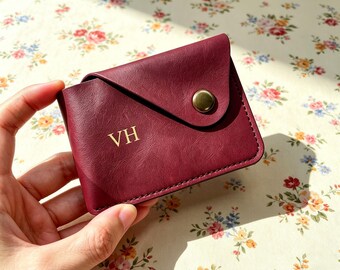 Custom Letter Snap Button Leather Card Holder, Personalized Monogram Card Sleeve, Minimalist Leather Card Wallet, Custom Name Card Case Gift