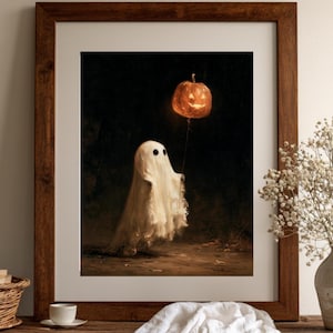 Friendly Ghost Halloween Balloon Oil Painting Print, Cute Ghost Wall Art, Playful Fall Decor for Kids Room, Digital Download