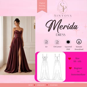 Puede incluir: Un patrón de costura digital para el vestido Merida de Sinyova Patterns. La imagen muestra un vestido largo de satén color burdeos oscuro con corpiño estilo corsé, tirantes finos y una abertura alta en la pierna, junto a un dibujo técnico.