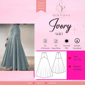 Puede incluir: Patrón de costura digital para una falda marfil. La imagen muestra una falda azul claro y un dibujo técnico de la falda. El patrón está disponible en tallas XS-2XL y es apto para principiantes.