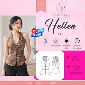 May include: A digital sewing pattern for the Hellen Top by Sinyova Patterns. The image displays a brown and black leopard print halter top with a button-front closure, alongside technical line drawings of the front and back of the garment.