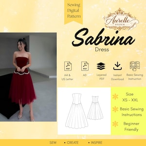 May include: A digital sewing pattern for a strapless Sabrina dress in deep red. The image displays a finished dress with a fitted bodice and a full tulle skirt, alongside technical line drawings, file format icons, and text including Size XS-XXL.