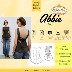 Può includere: Un cartamodello digitale per il top Abbie di Aurelle Stitch. L'immagine mostra un top peplum grigio scuro senza maniche con un grande fiocco sulla schiena aperta, abbinato a jeans blu. Include disegni tecnici, taglie XS-XXL e icone.