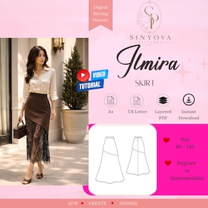Puede incluir: Un patrón de costura digital para la falda Ilmira de Sinyova Patterns. La imagen muestra una falda con una sección superior marrón sólida y una sección inferior de encaje negro, junto con un dibujo técnico de la falda e iconos para A4, US Letter, PDF en capas y descarga instantánea.