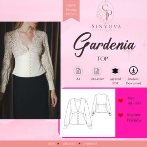 Gardenia-topp sömnadsmönster PDF | Spetsblus med v-ringning | Långärmad peplumtopp | Damtopp med knappar framtill | A4 US Letter XS-2XL
