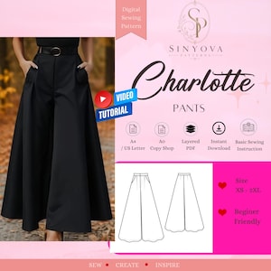 Pode incluir: Um molde de costura digital para as calças Charlotte, apresentando um design de calças pretas de perna larga com cinto. O gráfico inclui texto, ícones para A4, A0, PDF em camadas, download instantâneo, instruções e um desenho técnico.