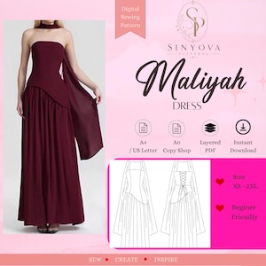 Puede incluir: Un vestido burdeos sin tirantes con una falda fluida y una bufanda adjunta. La imagen incluye el texto "Maliyah Dress" y "Digital Sewing Pattern". El patrón está disponible en tallas XS-2XL y es apto para principiantes.