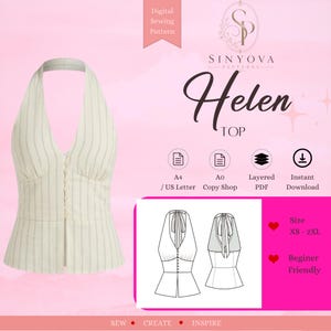 Puede incluir: Patrón de costura digital para un top halter, con una prenda color crema con rayas verticales y detalles de botones. El patrón incluye opciones de tallas de XS a 2XL y es apto para principiantes. También se muestra el texto "Helen TOP".