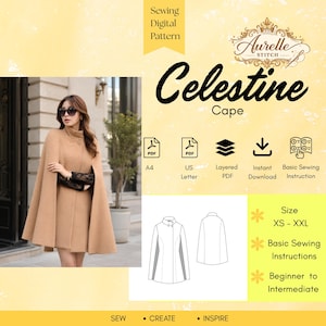 May include: A digital sewing pattern for the Celestine Cape by Aurelle Stitch. The image displays a tan cape with a high collar, technical line drawings of the front and back, and icons for A4, US Letter, layered PDF, and sewing instructions.