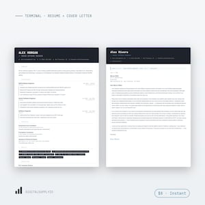 May include: A professional resume and cover letter template set featuring a dark header with white text. The resume includes sections for experience, projects, skills, and education. The cover letter includes a formal letterhead and body text.