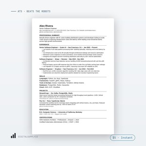 May include: A professional resume for a Senior Software Engineer named Alex Rivera, featuring sections for professional summary, experience at Scale AI, Stripe, and Dropbox, skills, projects, education from UC Berkeley, and certifications.