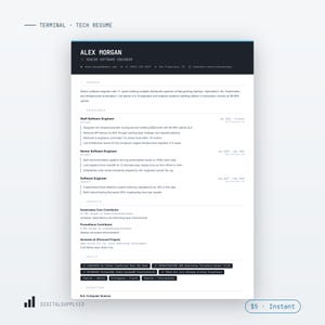 Op de afbeelding: Een professioneel cv-sjabloon getiteld Terminal Tech Resume voor een senior software engineer genaamd Alex Morgan. Het document heeft een donkere koptekst, een witte achtergrond en gestructureerde secties voor samenvatting, ervaring, projecten, vaardigheden en opleiding.