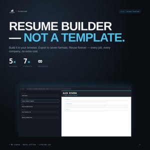Op de afbeelding: Een donkerblauwe afbeelding met de tekst "RESUME BUILDER - NOT A TEMPLATE." De afbeelding promoot een cv-bouwer met 5 ontwerpen, 7 formaten en onbeperkte revisies. De tekst vermeldt ook het bouwen in een browser.