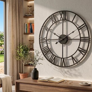 Könnte beinhalten: Eine große, runde Wanduhr mit einem dunklen Metallrahmen in offener Bauweise und markanten römischen Ziffern. Die Uhr hat zwei dünne, dunkle Zeiger, die an einer zentralen Nabe befestigt sind und an einer hellen Wand über einem Schreibtisch hängt.