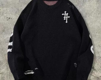 Oversized trui met distressed spinnenweb – Gothic grunge streetwear-trui
