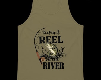 Camiseta sin mangas para hombre con estampado de pesca en río – Keepin' It Reel