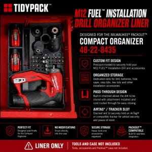 May include: A black plastic organizer liner for a Milwaukee M12 Fuel installation drill, featuring custom-molded slots for the drill, batteries, and various bits. The text includes M12 FUEL INSTALLATION DRILL ORGANIZER LINER, TIDYPACK, and 48-22-8435.