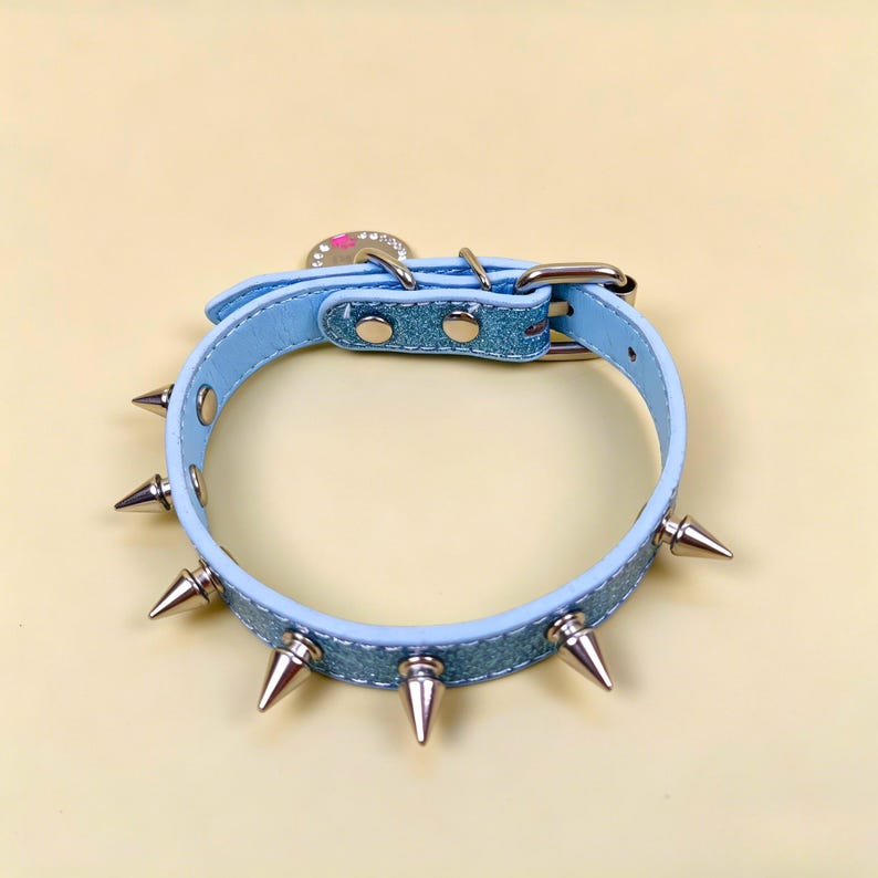 Personalized Spiked Cat Collar: Light Blue Glitter Leather, Punk Rivet ...