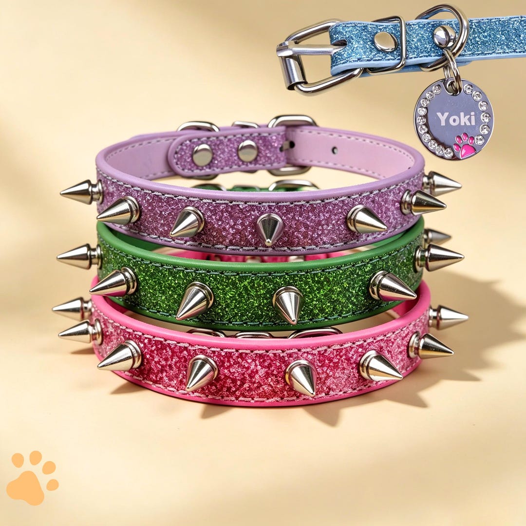 Personalized Spiked Cat Collar: Light Blue Glitter Leather, Punk Rivet ...