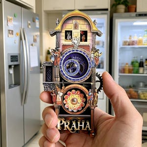 May include: A detailed, multi-layered clock with the word "PRAHA" at the base. The clock features a blue clock face, a golden roof, and intricate architectural details. The clock is held in a hand.