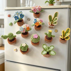 handmade crochet fridge magnet,cute mini succulent pot magnet,woven flower plant magnetic sticker,kitchen refrigerator decorative accessory