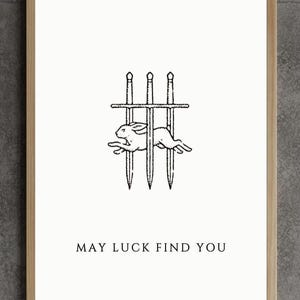 May include: A framed print with a minimalist design. The artwork features three vertical swords forming a cage, with a rabbit leaping through. The text "MAY LUCK FIND YOU" is printed below the image. The frame is a light brown color.