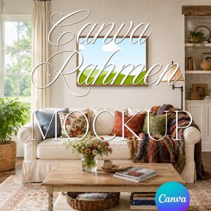 May include: A cozy living room scene featuring a white sofa adorned with colorful throw pillows and a patterned blanket. A wooden coffee table displays a vase of flowers, books, and a woven basket. A framed landscape art piece hangs above the sofa. The text "Canva Rahmen" is visible.