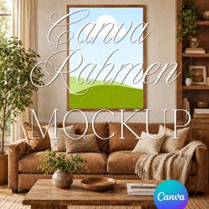 Mockup marco Canva sofá cuero, 5 variantes, guía PDF con enlace Canva, mockup póster para Etsy y redes sociales