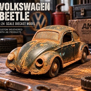 Custom Weathered 1:24 VW Beetle Diecast, Hand-Rusted Barn Find Patina, One-of-a-Kind Black Volkswagen Bug Display Model