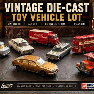 May include: A collection of seven vintage die-cast toy vehicles including a silver van, a white police car, a red Coca-Cola truck, a silver sedan, a red double-decker bus labeled BCI Golden Jubilee 1974, a gold sedan, and an orange dump truck.