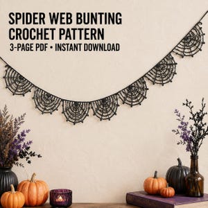 May include: A black crochet spider web bunting hanging as a garland. The text reads: SPIDER WEB BUNTING CROCHET PATTERN 3-PAGE PDF • INSTANT DOWNLOAD. The bunting features multiple semi-circular web segments connected by a thin black string.