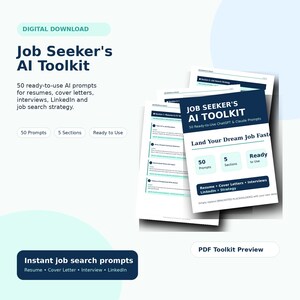 May include: A digital download titled Job Seeker's AI Toolkit featuring 50 ready-to-use AI prompts for resumes, cover letters, interviews, LinkedIn, and job search strategy. The document includes 5 sections and is presented as a PDF preview.