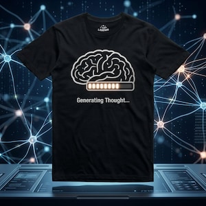 Può includere: Una t-shirt nera a maniche corte con una grafica bianca di un cervello umano sopra una barra di caricamento arancione luminosa. Sotto la barra, il testo "Generating Thought..." è scritto in bianco. Presenta un girocollo classico.
