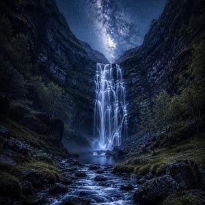 May include: A nighttime landscape featuring a cascading waterfall illuminated by the Milky Way. The water flows over dark rocks and into a pool, framed by steep, dark cliffs and sparse greenery. The sky is filled with stars.