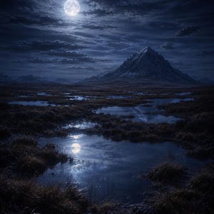 Op de afbeelding: Een nachtlandschap met een volle maan die een berg en moerassig terrein verlicht. De weerspiegeling van de maan glinstert in het water, waardoor een serene en sfeervolle scène ontstaat. De lucht is gevuld met donkere, getextureerde wolken.