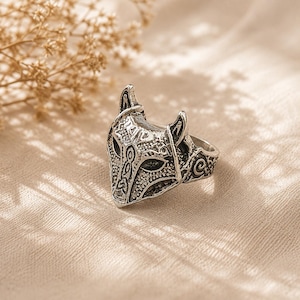 Verstelbare zilveren ring met wolfskop, Viking/Noorse dierensieraden