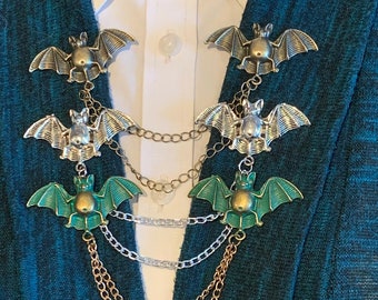 Sweater Clips: Large Flying Bats in Bronze, Silver, Black. Green Patina, or Gold