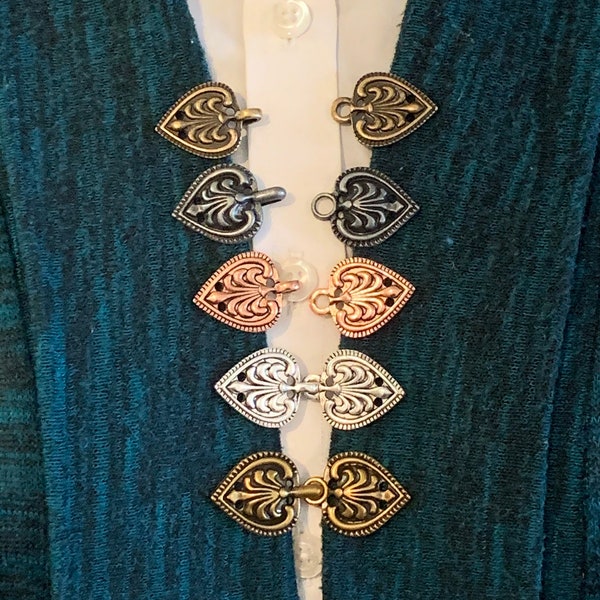 Sweater Clips / Pins: Locking Heart Clip Small - Pewter, Bronze, Copper, and Silver, Cloak Clip, Cloak Clips