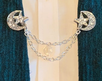 Sweater Clips: Silver Moon and Star Studded with Rhinestones, Celestial