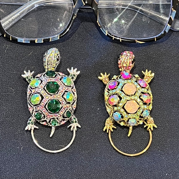 Eyeglass holder, Sunglasses holder, Badge holder - Turtle in Gold or Silver with Jeweled Shell