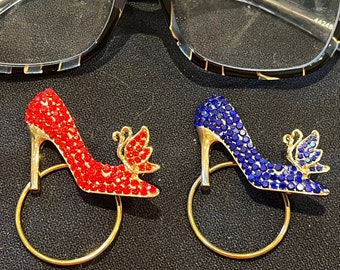 Eyeglass holder, Sunglasses holder, Badge holder - Ladies High Heel Shoes Studded in Rhinestones, Two Styles